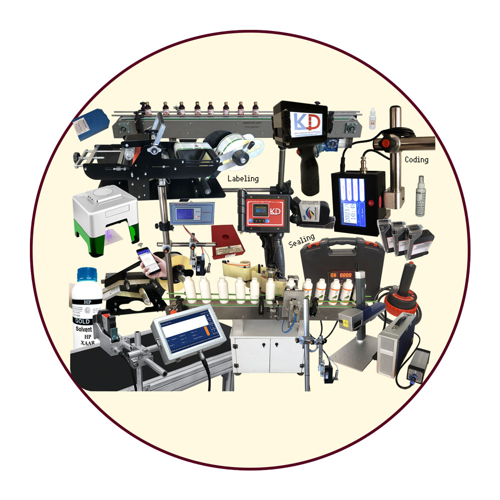 نمایش انواع محصولات صنعتی شامل تسمه نقاله، جت پرینتر، سیستم اصالت کالا، لیبل پرینتر، لیبل‌چسبان، لیزر صنعتی، سیل القایی و کارتریج